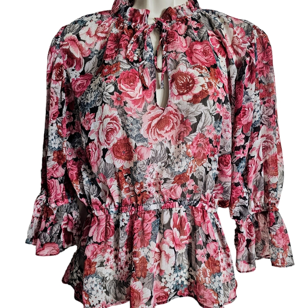 Zara Sheer Top with Bold Red Flowers, Womens Sz, Small